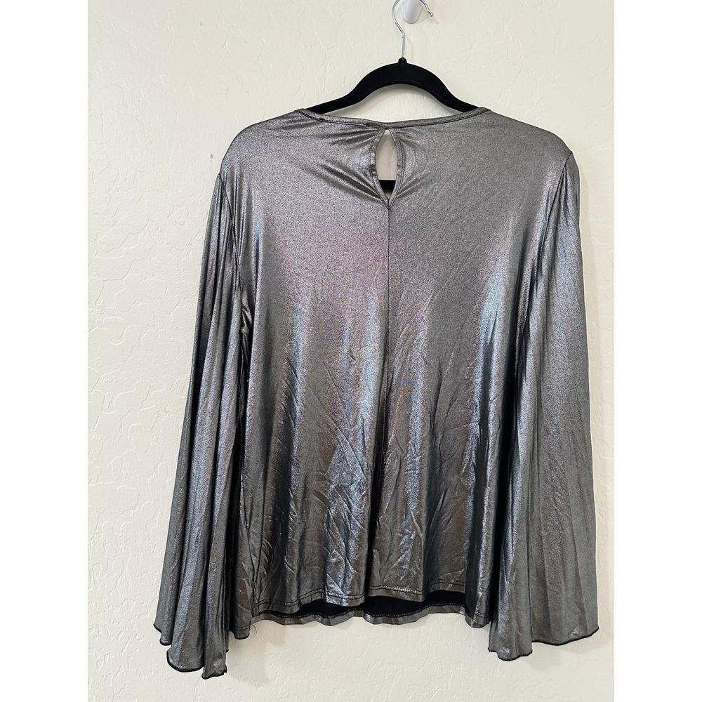 Marina Silver Metallic Pleated Bell Sleeve Blouse Size L Glam Party Evening - Picture 8 of 12